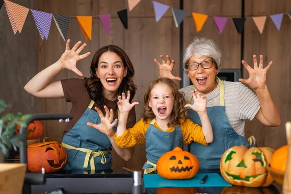 Happy Family Preparing Halloween Mother Grandmother Child Carving Pumpkins Home — Stock Photo, Image