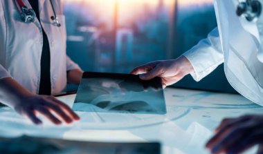 Fütüristik bir ortamda dokunmatik ekranla etkileşime geçen iki tıp uzmanı, verileri analiz ediyor ve yenilikçi sağlık çözümleri üzerinde işbirliği yapıyorlar.