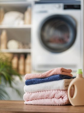 Temiz katlanmış pastel havlular ve ön planda bir şişe çamaşır deterjanı bulunan parlak ve davetkar ev çamaşırhanesi sahnesi, çağdaş bir çamaşır makinesinin bulanık zeminine ve organize edilmiş çamaşır alanına karşı hazırlanıyor. Bir duygu iletir