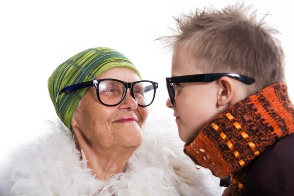 Cheerful and joyful grandmother and the grandson communicate — Stock Photo, Image