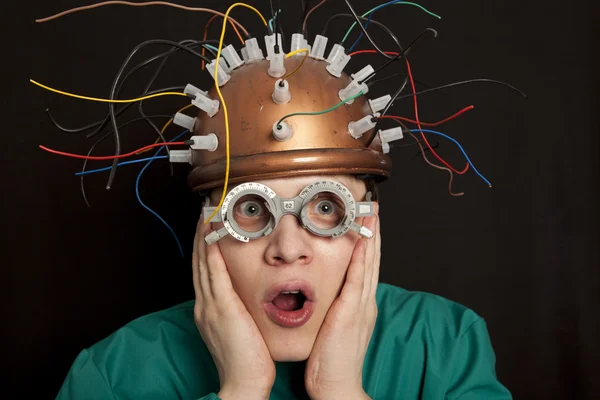 Cheerful inventor helmet for brain research — Stock Photo, Image