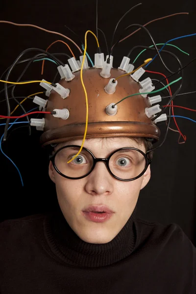 Cheerful inventor helmet for brain research — Stock Photo, Image