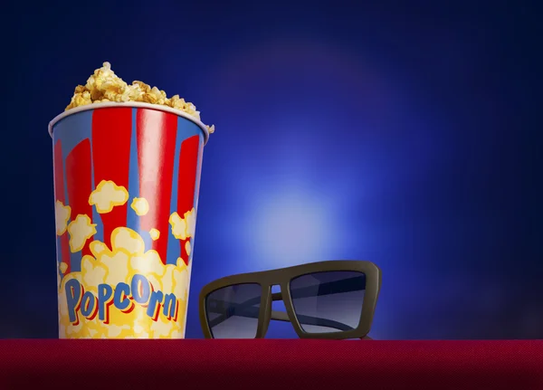 3D brýle a popcorn na křeslo cinema — Stock fotografie