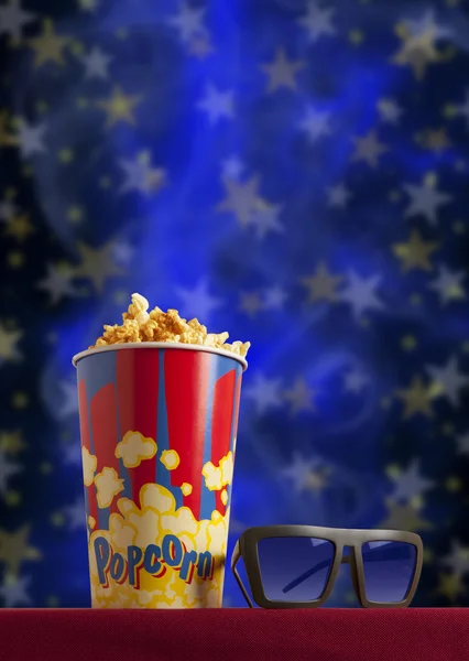 3D okulary i popcorn w kinie fotel — Zdjęcie stockowe
