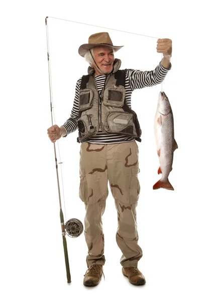 Pescador sênior com peixe grande - salmão isolado — Fotografia de Stock