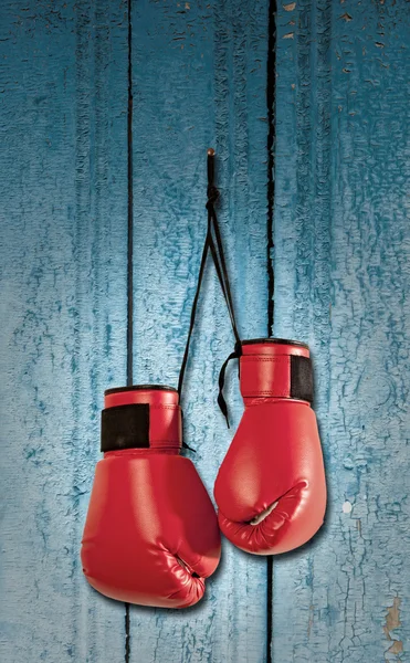 Pareja de guantes de boxeo colgados en pared de madera — Foto de Stock