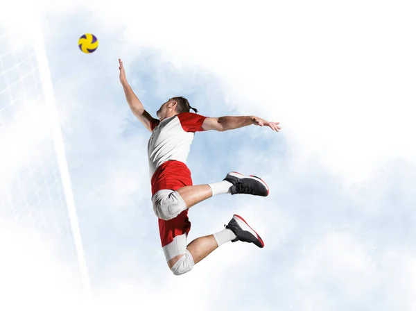 Volleybalspelers Actie Sportspandoek Aanval Concept Met Kopieerruimte — Stockfoto
