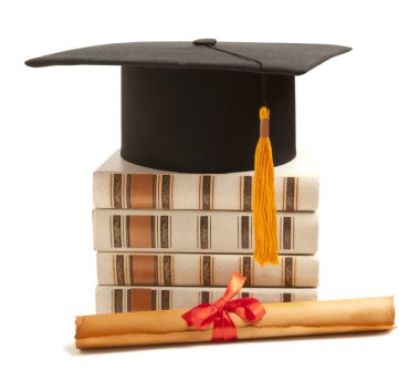 Mezuniyet şapka, kitap ve diploma