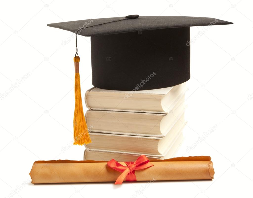 Graduation hat, book and diploma