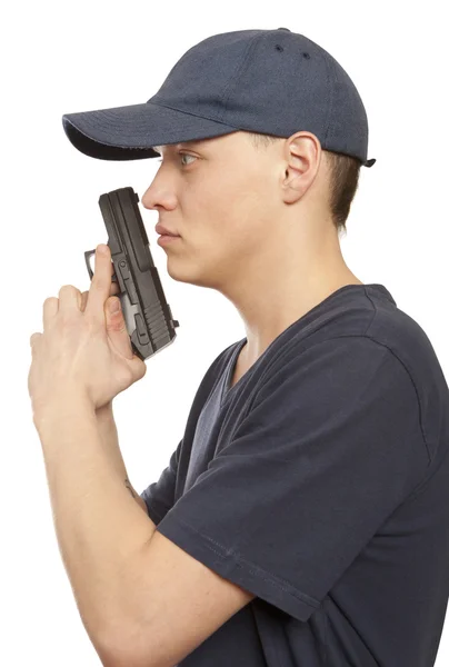 Förtvivlan man med pistol — Stockfoto