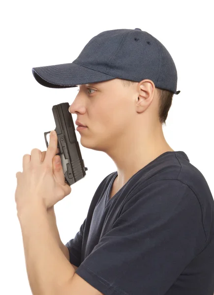 Förtvivlan man med pistol — Stockfoto