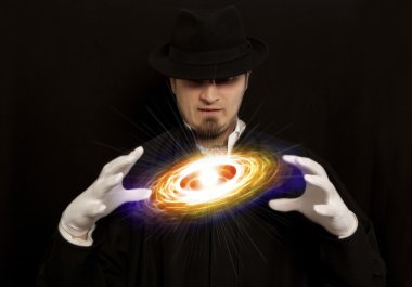 Sihirbaz içinde silindir şapka gösteren hüner