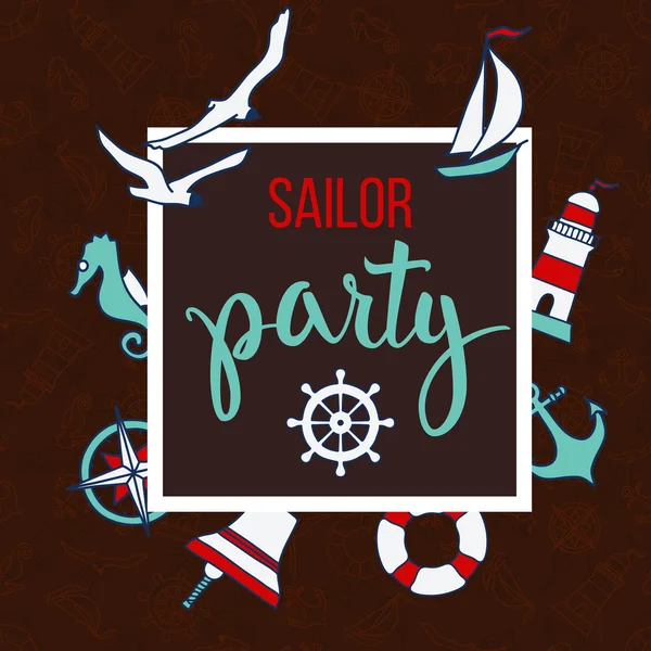 Modello con elementi nautici e testo Sailor Party — Vettoriale Stock