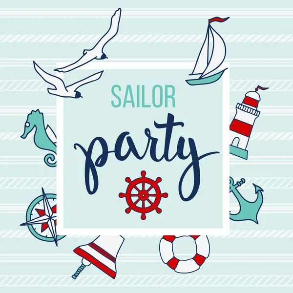 Modello con elementi nautici e testo Sailor Party — Vettoriale Stock