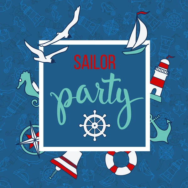 Modello con elementi nautici e testo Sailor Party — Vettoriale Stock