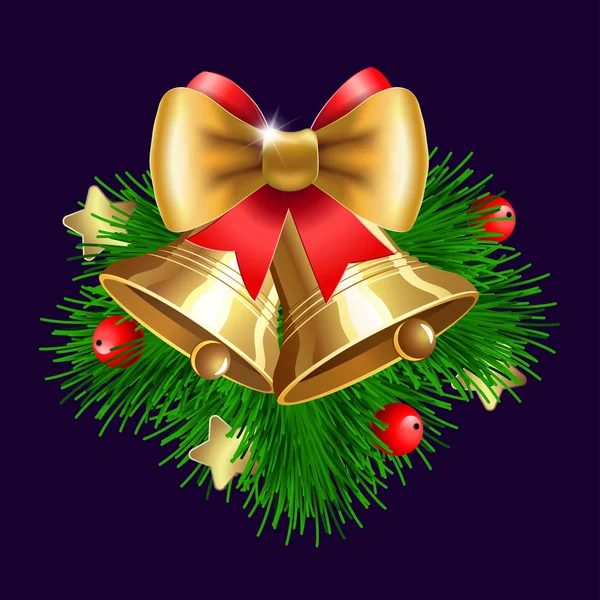 Jingle campanas con arco y ramas de abeto — Vector de stock