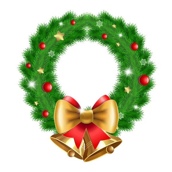 Couronne de Noël aux baies rouges, décoration de Noël et deux cloches . — Image vectorielle
