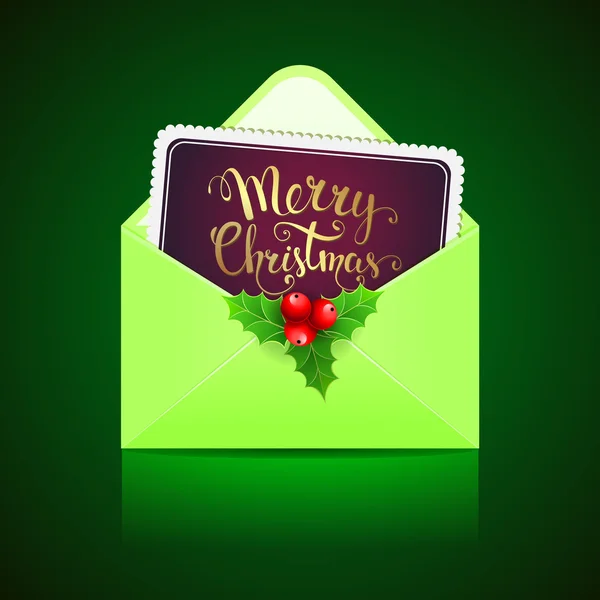 Enveloppe verte ouverte et carte avec texte manuscrit "Joyeux Noël " — Image vectorielle