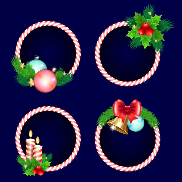 Cadre de Noël design avec des bougies cloches branches et arc — Image vectorielle