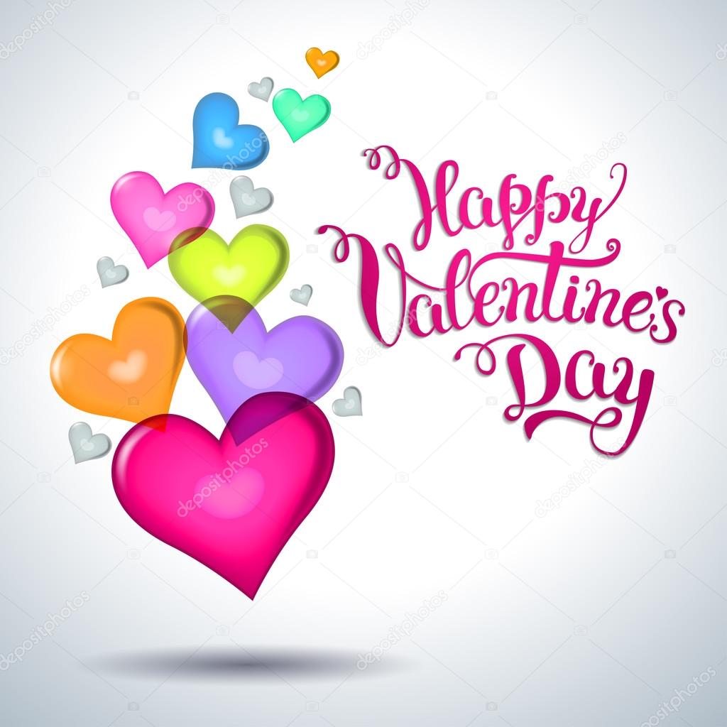 Several multicolored hearts and original hand lettering  Happy Valentine's day. Vector illustration for Valentine's day posters, icons, Valentine's day greeting cards, Valentine's day print and web projects.