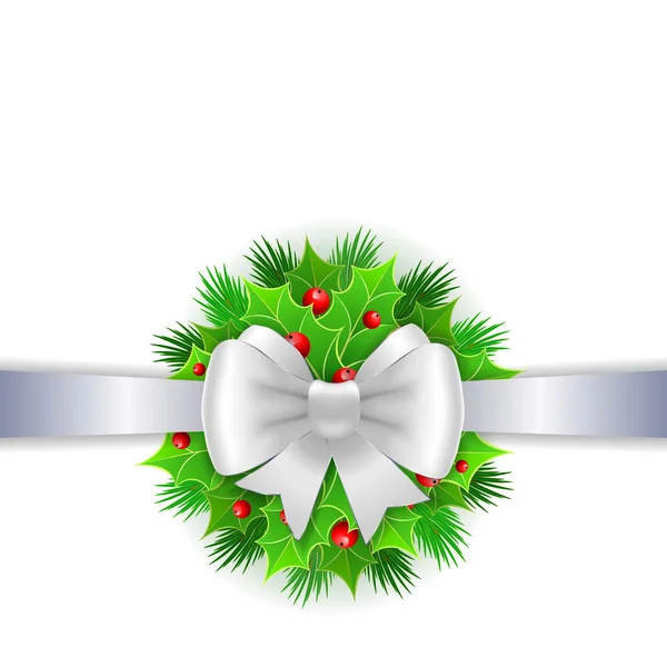 White ribbon,  bow and holly berry on white background — Stock Vector