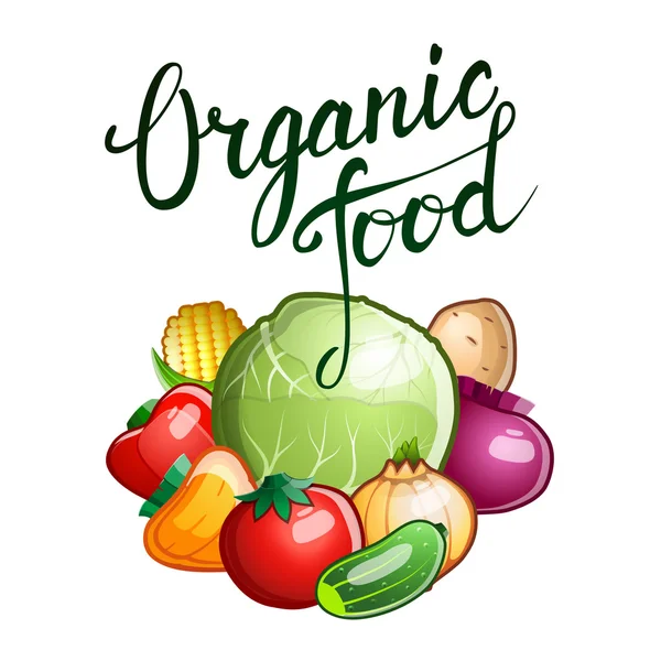 Letras originales de la mano Alimentos orgánicos y varias verduras — Vector de stock