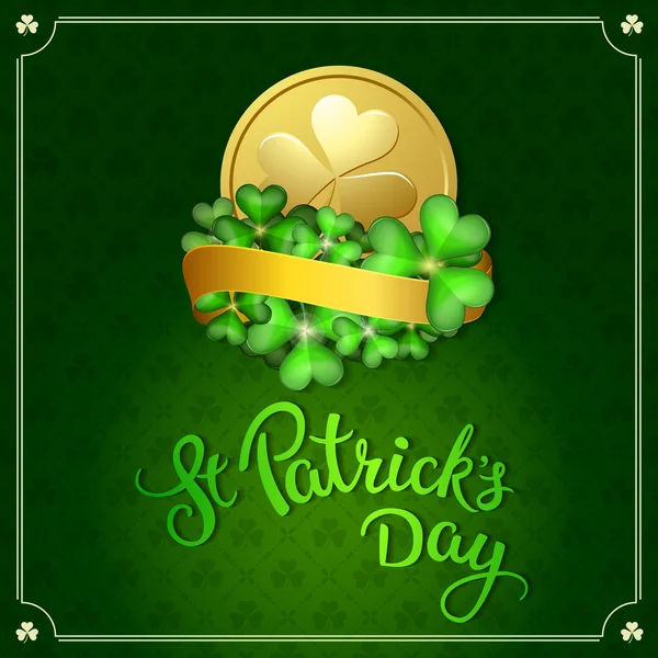 Munt en klaverblaadjes en origineel belettering St. Patricks Day — Stockvector