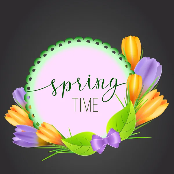 Tarjeta de felicitación de primavera con azafrán amarillo y violeta — Vector de stock
