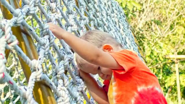 Toddler boy climbs on a climbs net — Stok Video