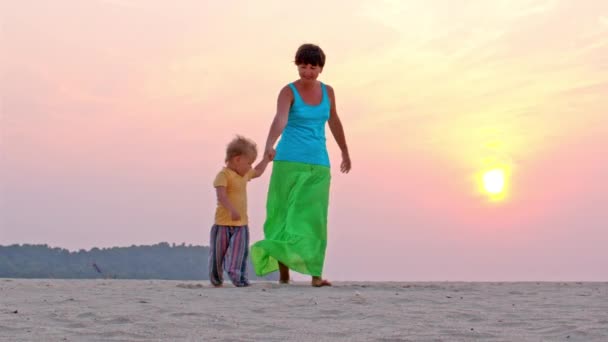 Baby en moeder spelen op het strand — Stockvideo