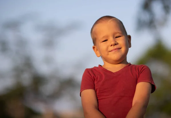 Outdoor Portrait Cute Little Smiling Boy — Stock Photo, Image