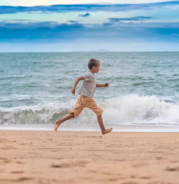 Outdoor Portrait Little Cute Boy Running — Stock Photo, Image