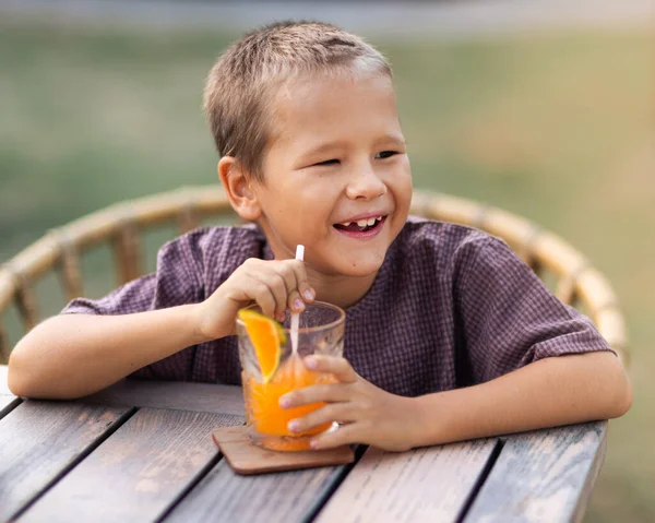 Cute Boy Drinking Juice Outdoor Cafe — Stock Photo, Image