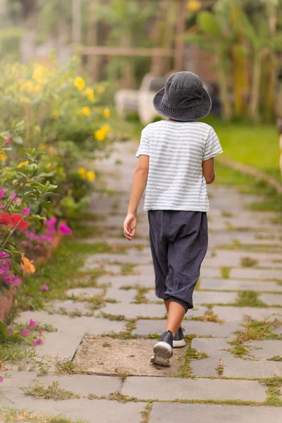 在热带花园散步的男孩的背景图 — 图库照片