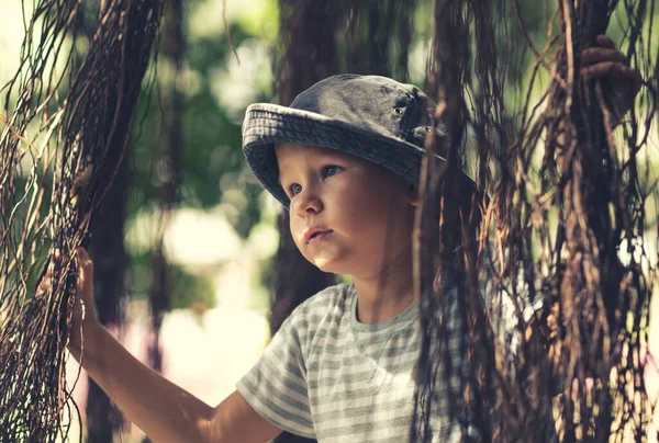 Junge Hat Spaß Auf Dem See Mit Banyan Baum Stockfoto