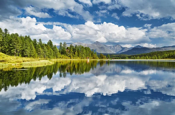 Lindo Lago Montanha Ainda Água Floresta Reflexão — Fotografia de Stock