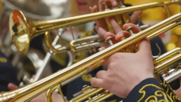 Музыкант играет на трубе, крупным планом — стоковое видео