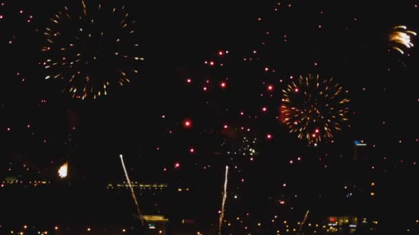 Fuegos artificiales sobre ciudad nocturna — Vídeo de stock