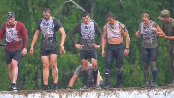 Athletes jumps in water from 4 meters height — Stock Video