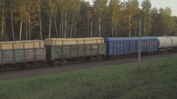 Nákladní vlak při západu slunce — Stock video