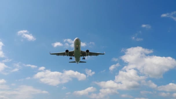 Vliegtuig nadert de landingsbaan over het oceaanstrand — Stockvideo