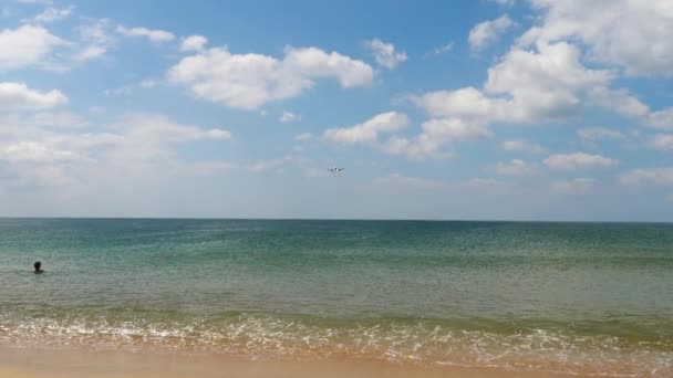 Avion de ligne approchant de la plage océanique — Video
