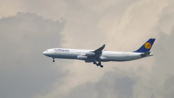 Lufthansa Airbus A340 op eindnadering voor landing — Stockvideo