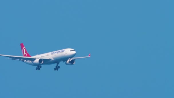 Avion de ligne approchant de la piste au-dessus de la plage océanique — Video