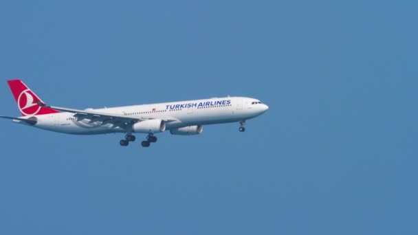 Avion de ligne approchant de la piste au-dessus de la plage océanique — Video