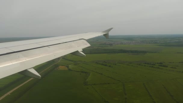 Vista desde la ventana del avión a los bosques y campos — Vídeo de stock