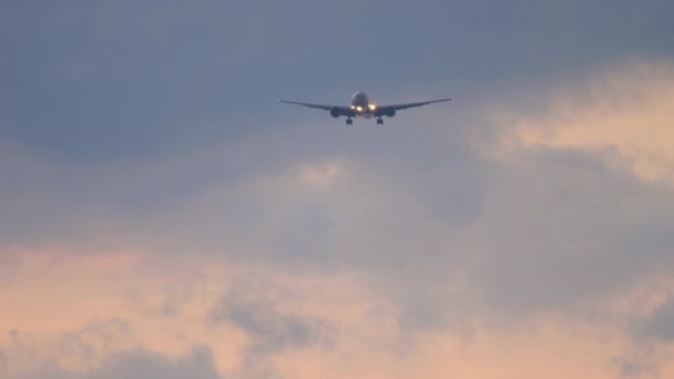 Самолет на фоне закатного неба — стоковое видео