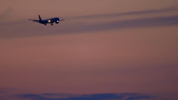 Самолет садится на закате — стоковое видео