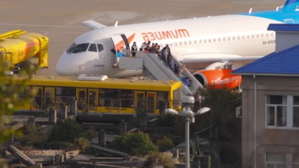 Passagiers die het vliegtuig verlaten — Stockvideo