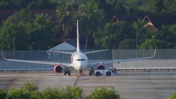 Travailleurs d'aéroport remorquant un avion — Video